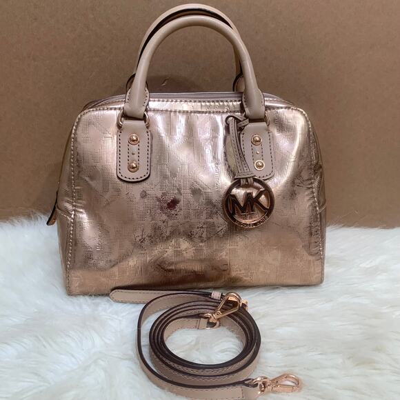 MICHAEL KORS Pink Gold Rose Gold Mirror Metallic Small Satchel w/Strap - Picture 12 of 16